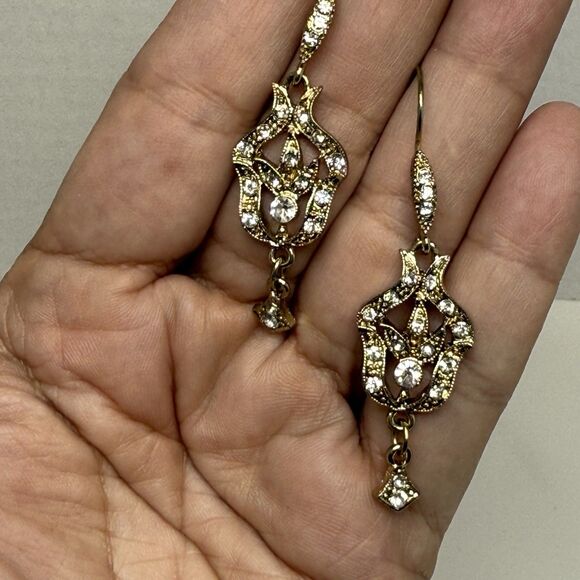DOWNTON ABBEY Antique Gold Tone Rhinestone Dangle Earrings - Picture 3 of 6